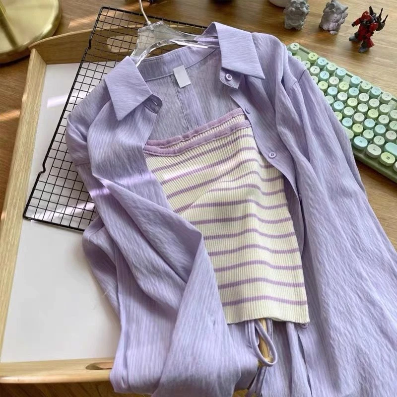 大码女装夏季套装2025新款多巴胺防晒衬衫配条纹吊带显瘦两件套装