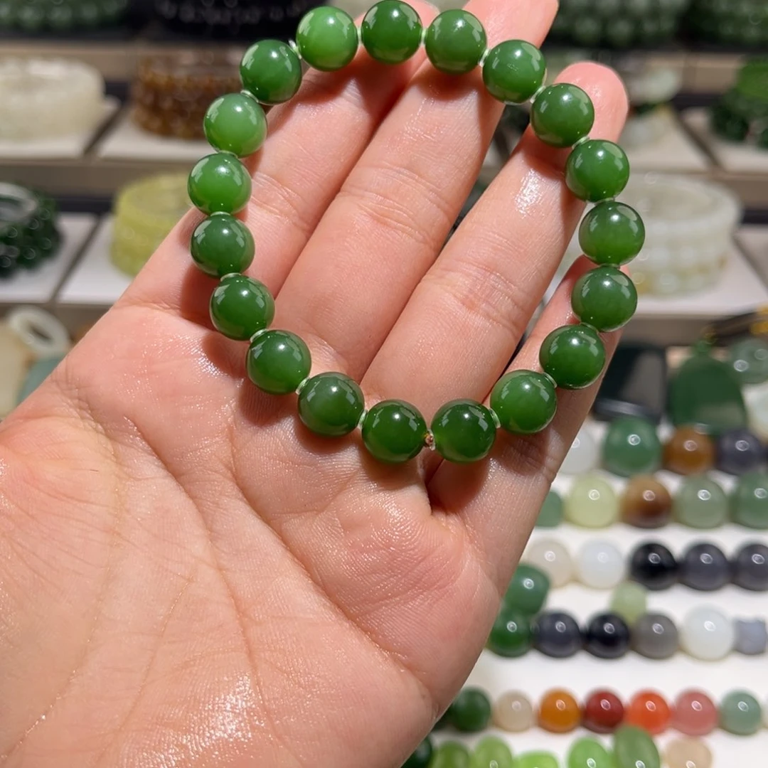 手串未镶嵌和田玉志**步卡10阳绿手串带隔片