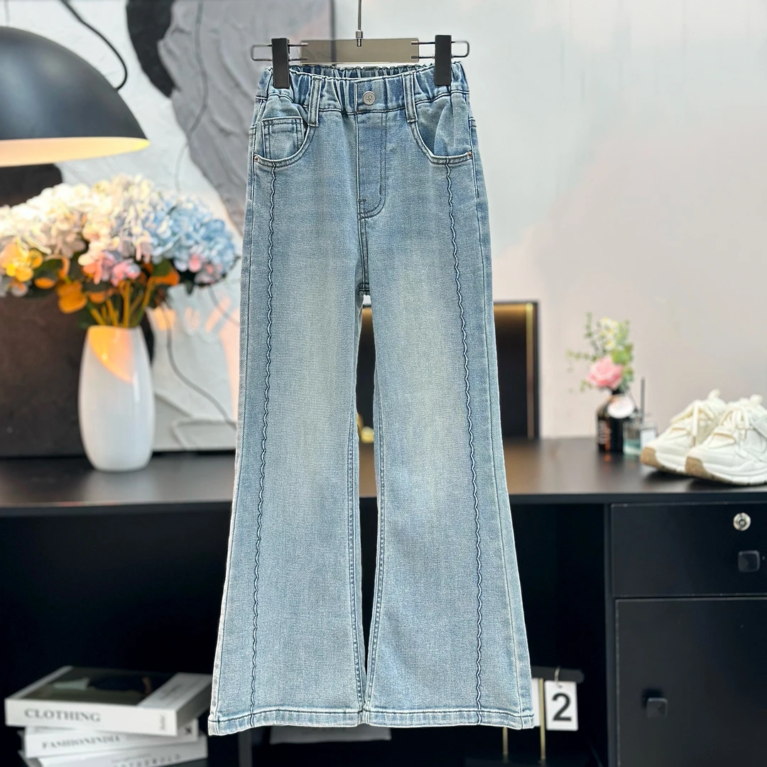 高定【春款弹力牛仔裤】女童牛仔裤喇叭裤显瘦高弹钢印微辣裤3143