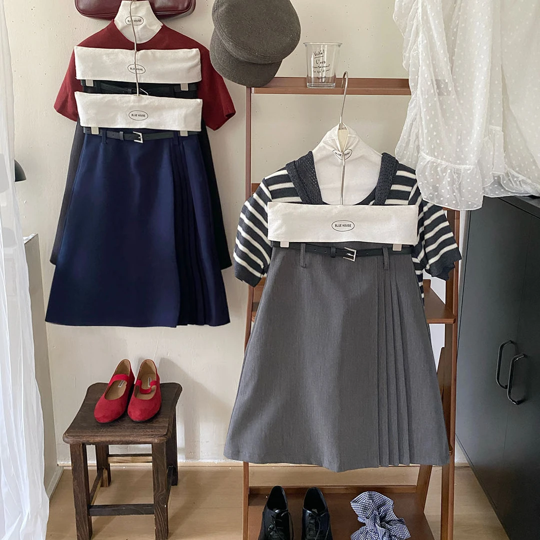 miu系复古学院高腰配皮带藏青色百褶中裙女秋气质百搭西装半身裙