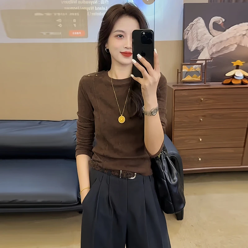 【运补6-8+破价！】慵懒冬季德绒打底衫百搭钉时尚气质修腰小上衣