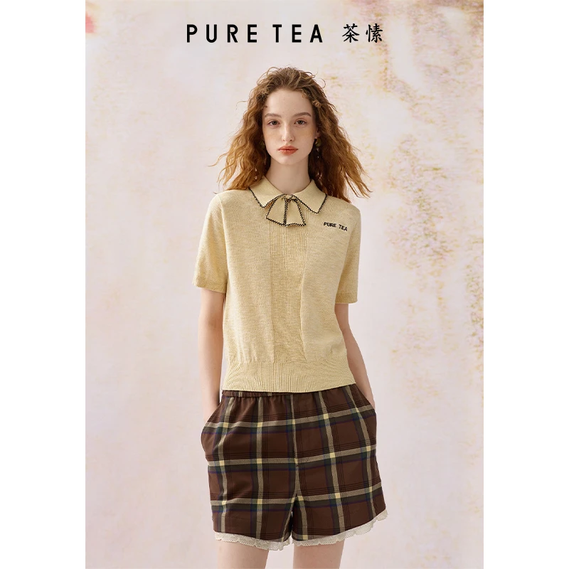 【学院千金】茶愫撞色线迹蝴蝶结翻领棉麻针织短袖25夏新KK0402D21