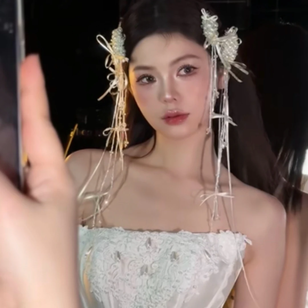 7815新款新娘韩式珍珠对边夹甜美流苏晨袍礼服配饰白纱