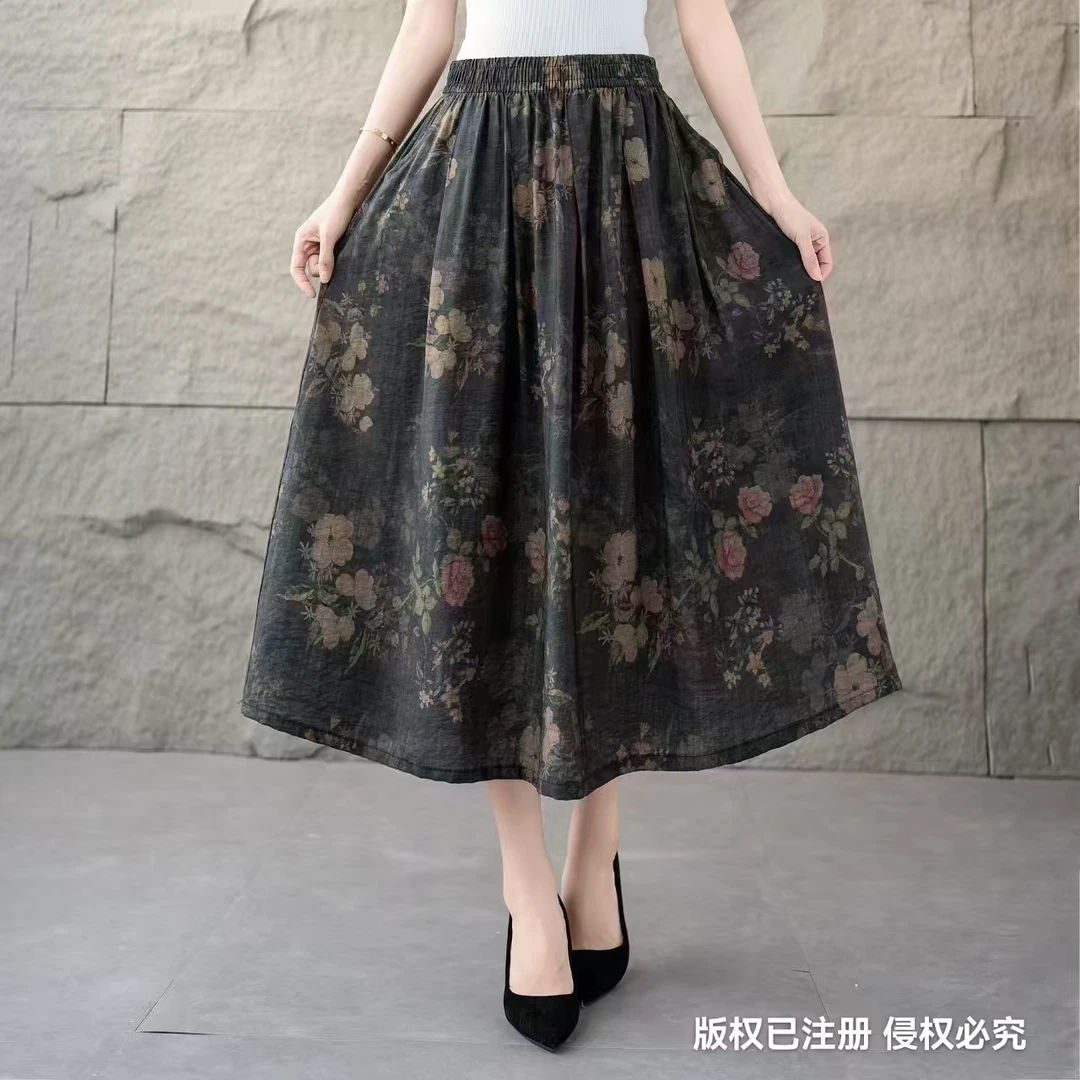 668夏季麻料碎花印花松紧腰半身裙柔软垂感中长裙