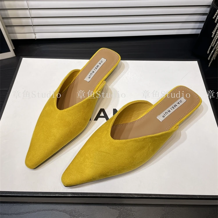 法式粗跟气质绒面包头半拖鞋女2025夏季新款简约尖头低跟穆勒凉拖