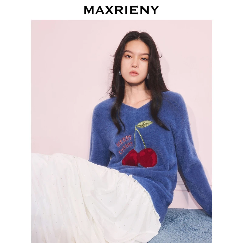 【蜜思仝】MAXRIENY穿搭樱桃提花v领毛衣女25冬款毛绒长袖上衣毛衫