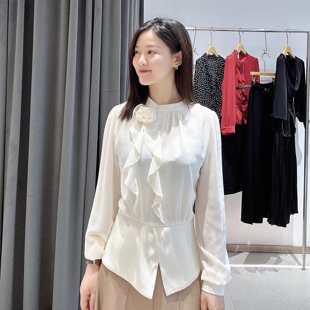 立领荷叶边长袖雪纺衬衫女秋季新款洋气气质打底小衫