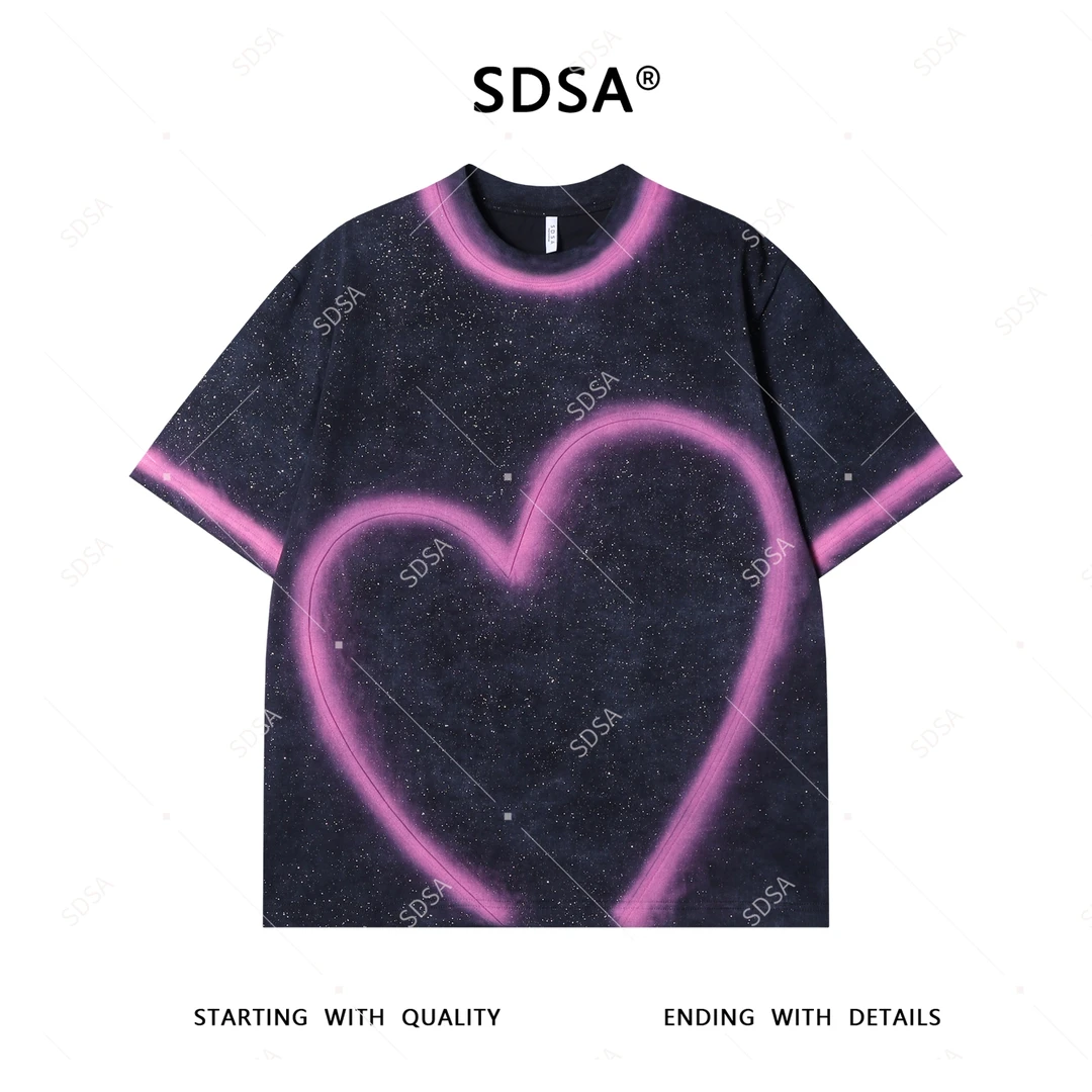 夏季高级感新款男士韩版撞色喷绘爱心设计短袖T恤简约圆领上衣