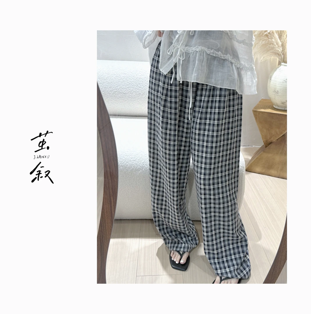 JIAN.XU格纹极简风通勤风松紧休闲裤直筒筒裤