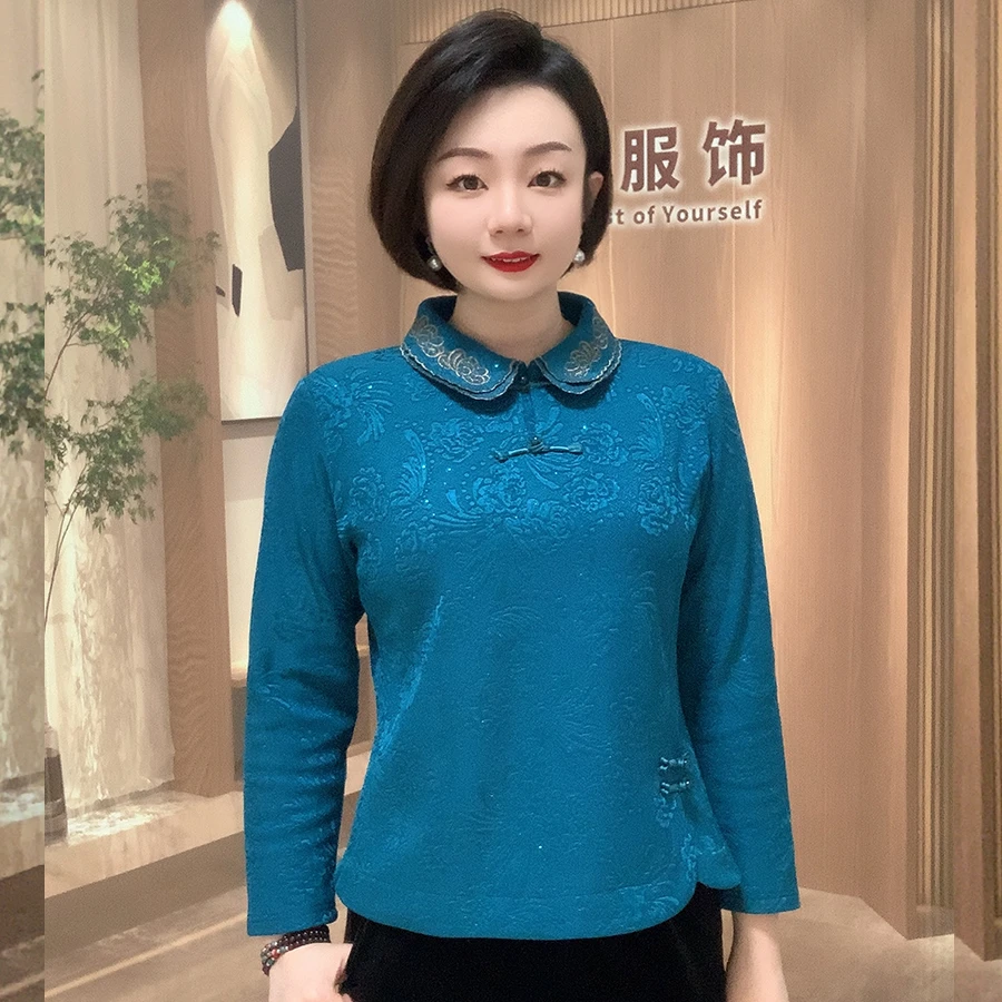 双翻领提花棉旗袍衫