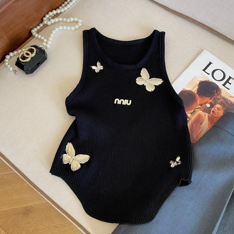 【91109】小香风蝴蝶别针针织背心女2025春夏新款外穿T恤设计感