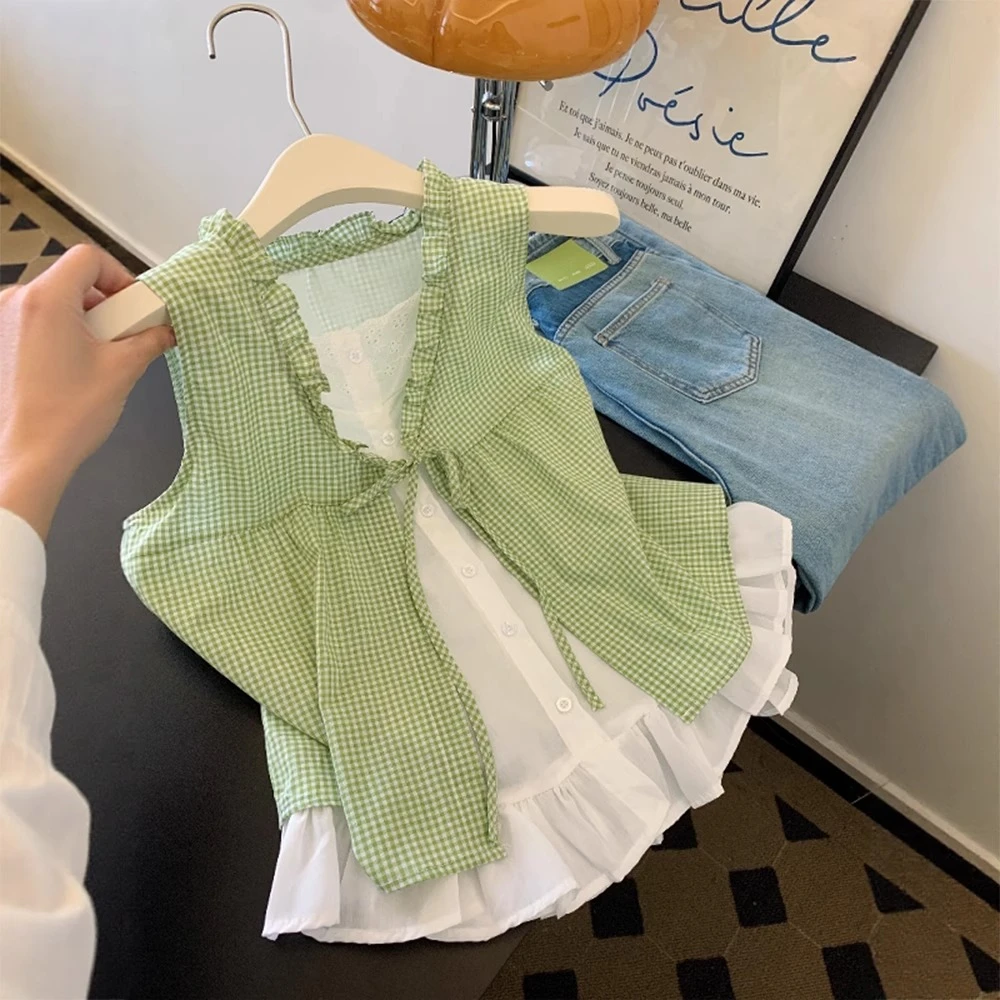 绿色格子蝴蝶结假两件设计感无袖衬衫气质女士法式小资多巴胺上衣