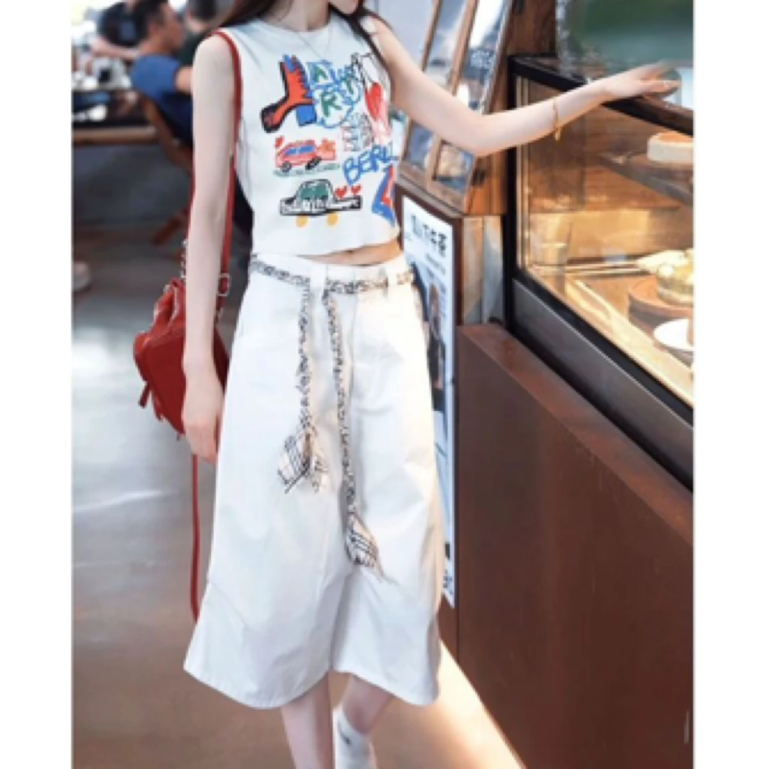 涂鸦显瘦气质圆领无袖背心绑结清爽休闲时尚夏季上衣女款套装