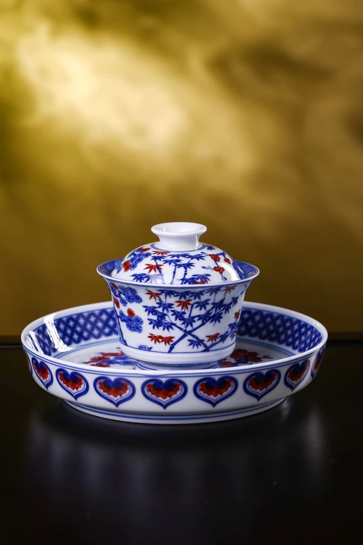 景德镇七丞堂釉里红松竹梅高温茶具五件套