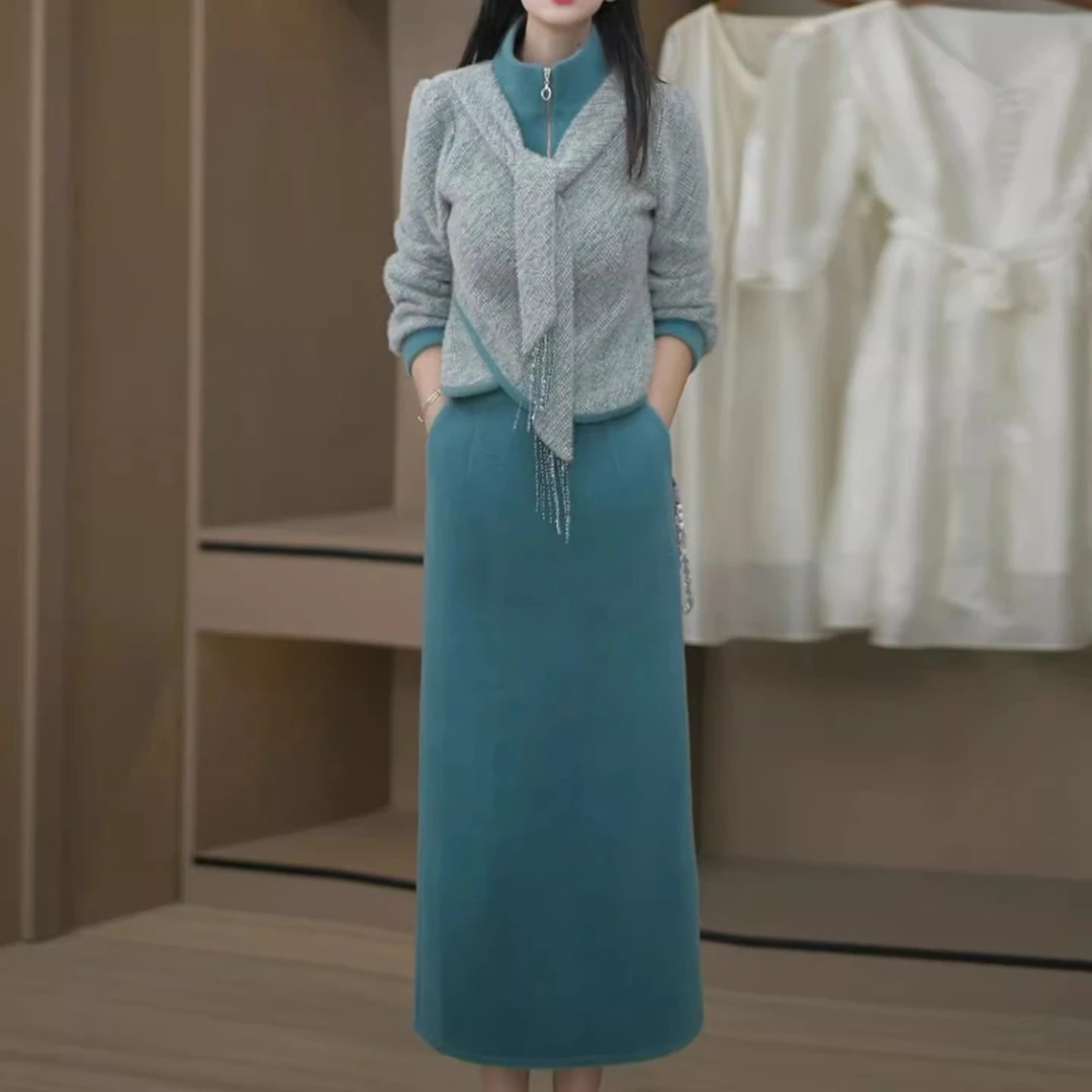 玲娜今年流行套装裙女秋季2025新款显瘦拼接立领上衣半身裙两件套