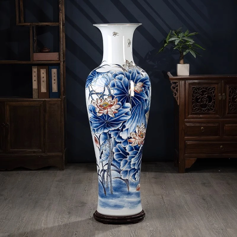 鹭鹭连升高端手绘描金陶瓷落地大花瓶景德镇客厅酒店别墅中式摆件