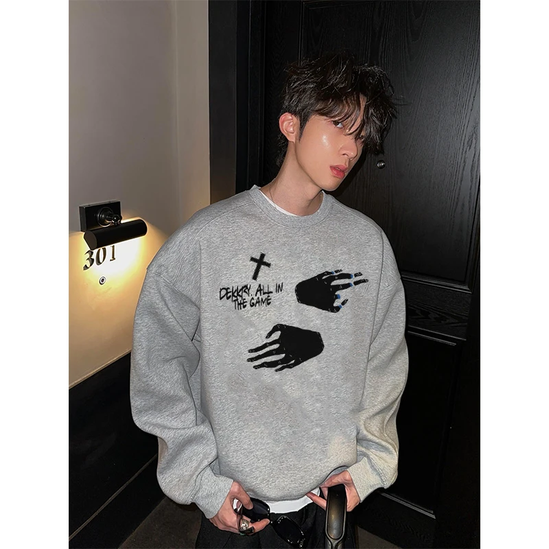 美式创意个性手掌字母印花圆领卫衣男秋冬季百搭宽松休闲情侣上衣