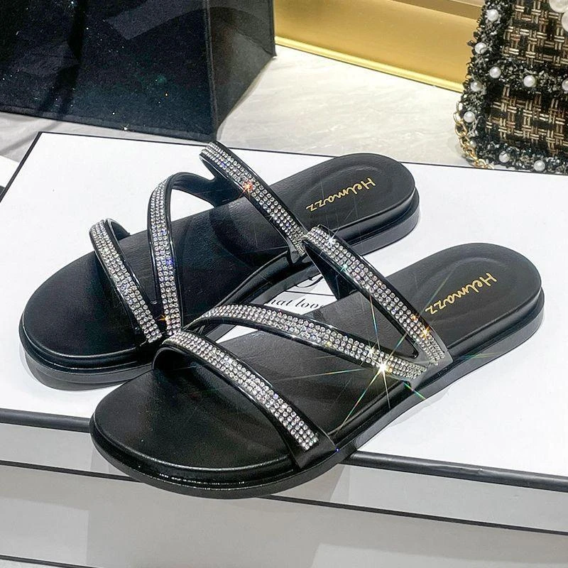 拖鞋女夏水钻凉拖女款外穿时尚防滑防水海边沙滩鞋平底透气一字拖