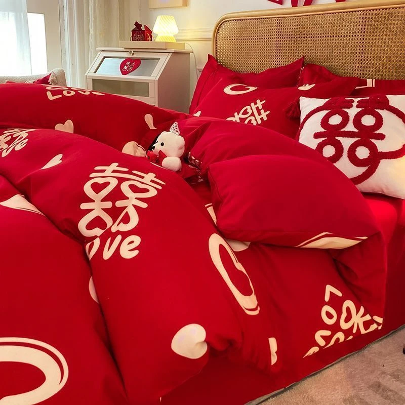 磨毛四件套床单被套结婚大红色婚庆床上用品三件套纯色加厚斜纹