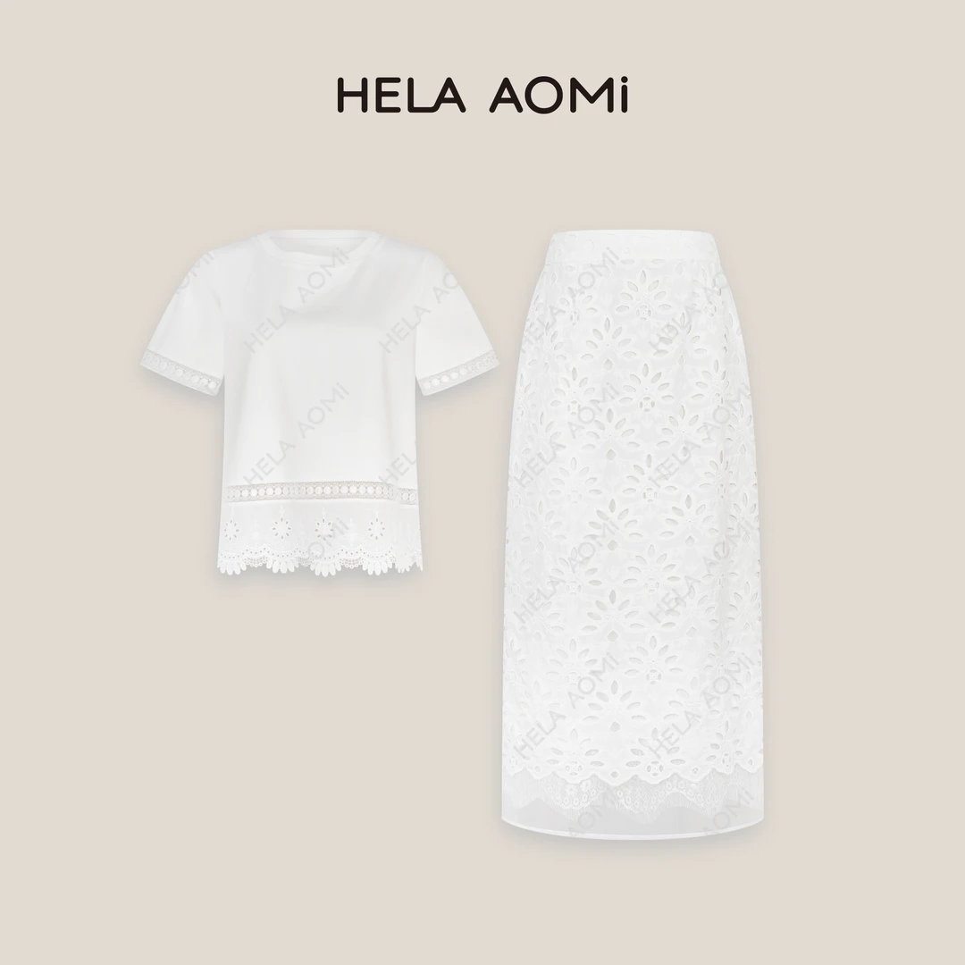 HELAAOMI “镂月裁云”镂空花边刺绣拼接感时尚文艺套装CY5BN99113