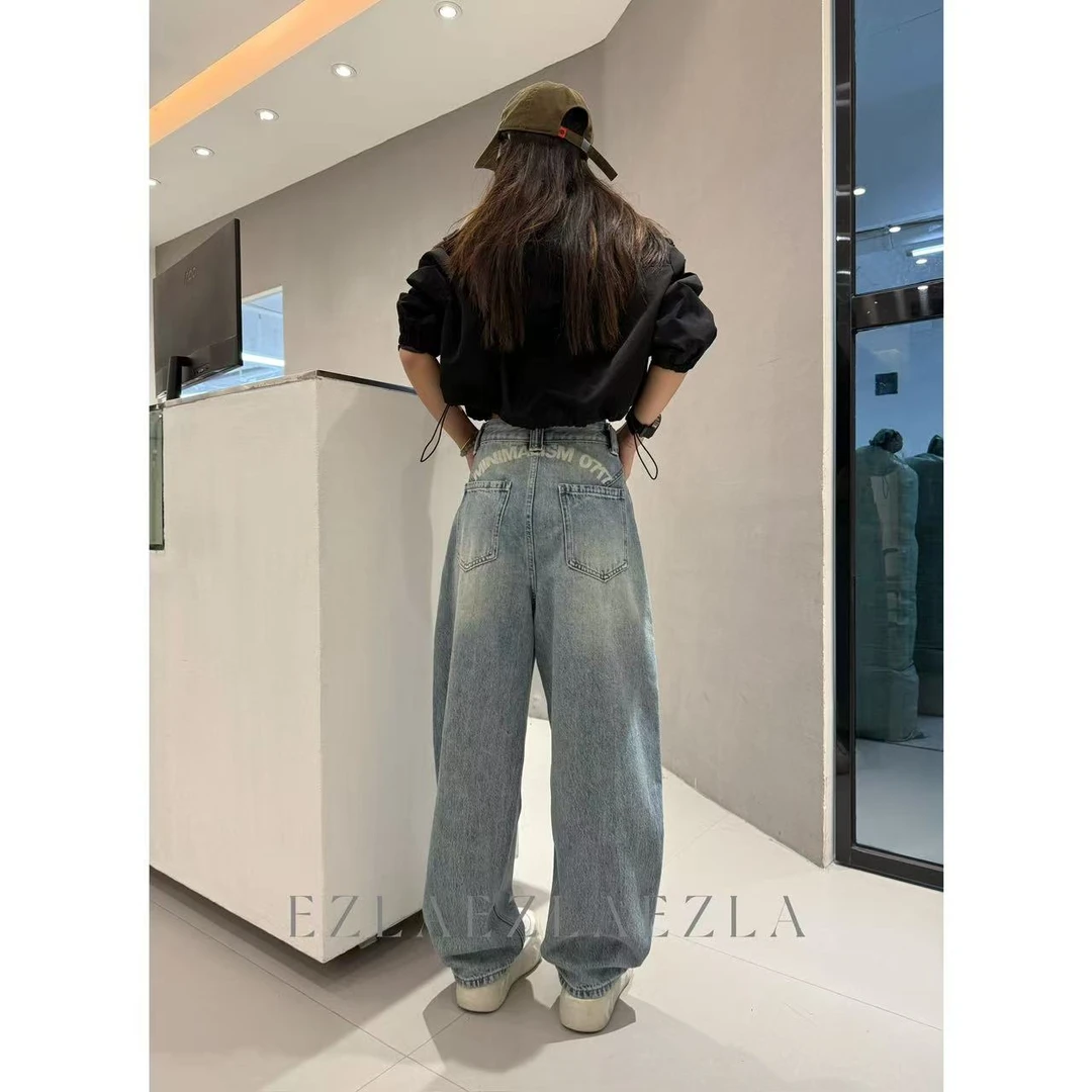 EZ8521-新款复古浅蓝时尚设计感水洗软牛仔老爹堆堆裤