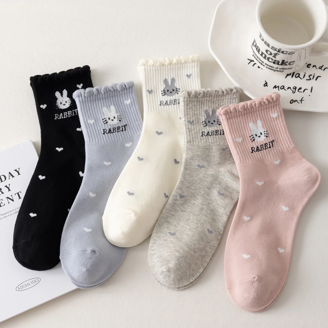 女生花边袜子可爱休闲棉袜中筒袜秋季新款不掉跟学生袜韩版长筒袜