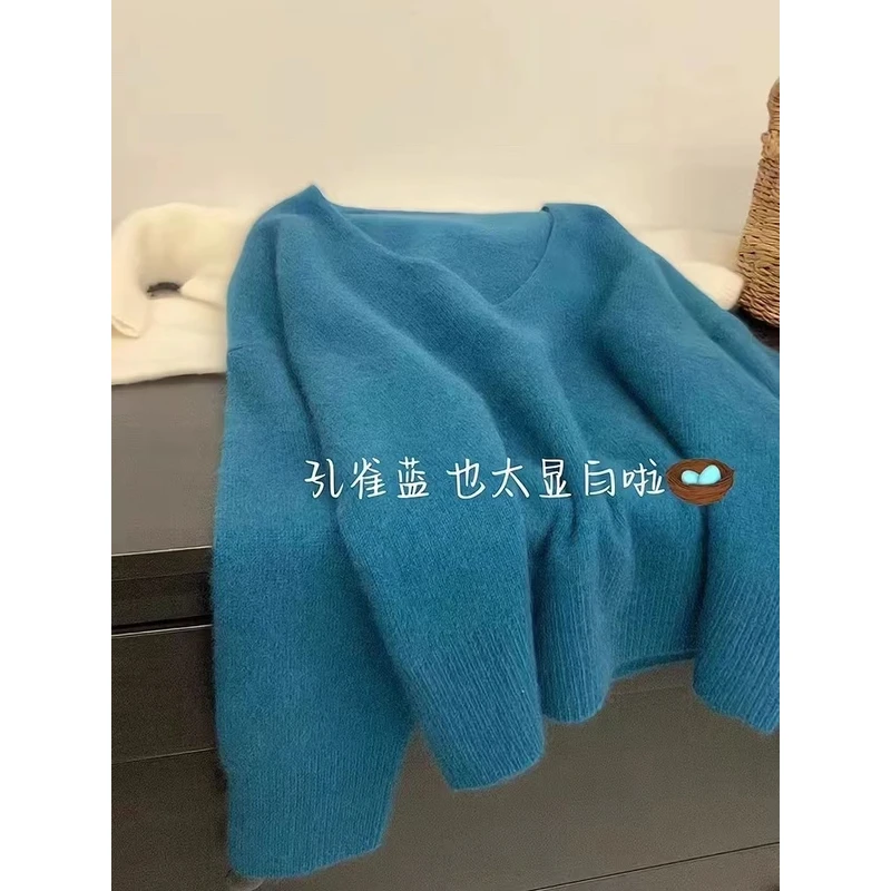孔雀蓝v领针织衫女春秋欧若风纯色毛衣2025新款打底宽松长袖上衣