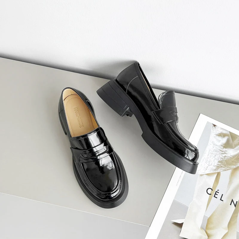 少量现货】UM986/5cm牛皮厚底乐福鞋女百搭粗跟秋单鞋真皮