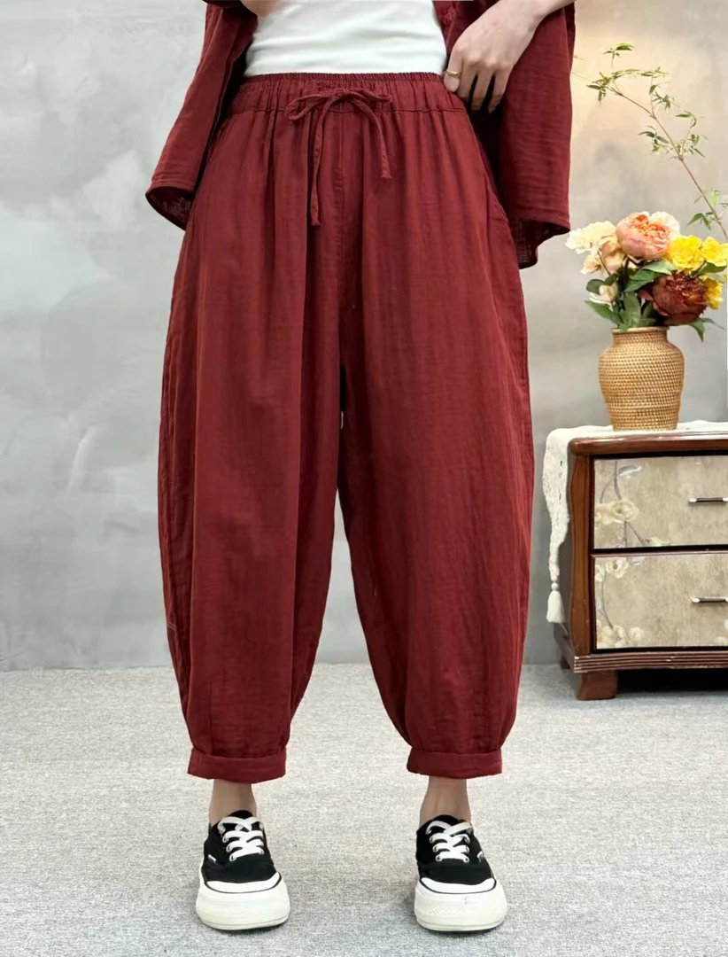2122棉麻双层纱九分裤夏季薄款哈伦裤松紧腰小脚裤显瘦百搭