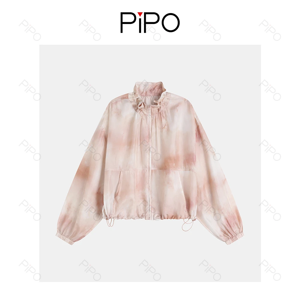 PIPO100桑蚕丝上衣运动收口袖翻领印花外套夏季优雅风女DD52C572