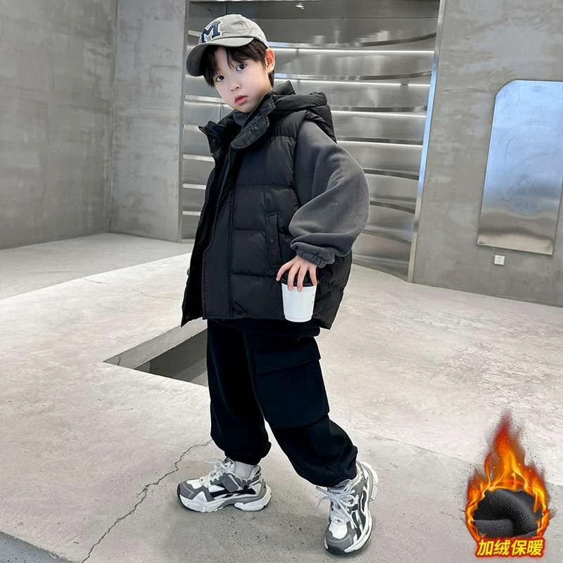 男童加绒套装秋冬季2025新款大童加厚男孩冬装儿童马夹卫衣三件套