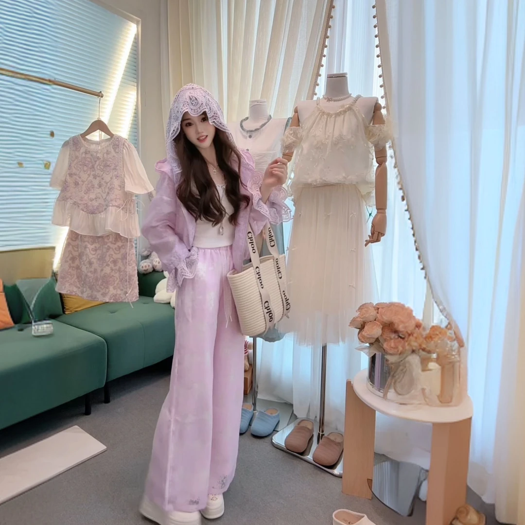 蕾丝连帽长裤套装高端女装新款欧货甜美重工小众设计感防晒衫上衣