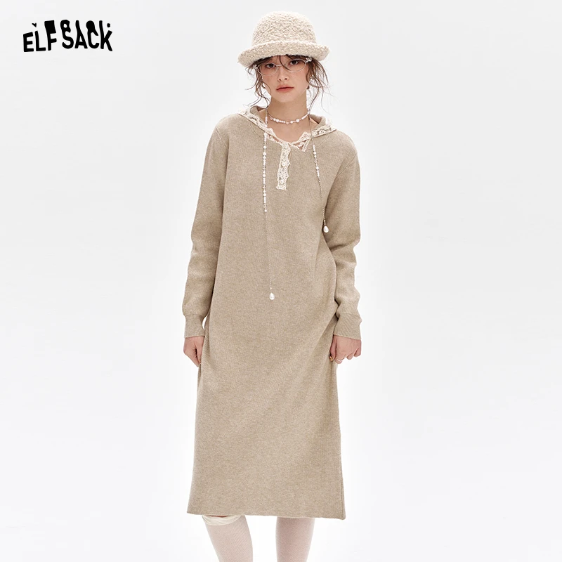 妖精的口袋 摩卡慕斯 蕾丝拼接连帽针织连衣裙女2025年冬季新款