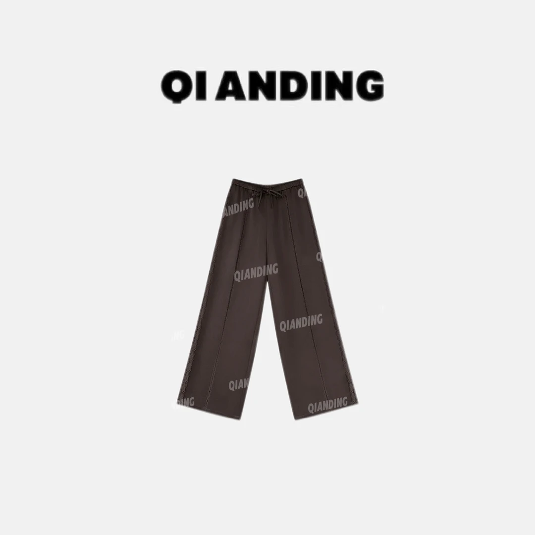 【QIANDING】2025【醋酸天丝混纺】蕾丝绣花阔腿休闲裤25909