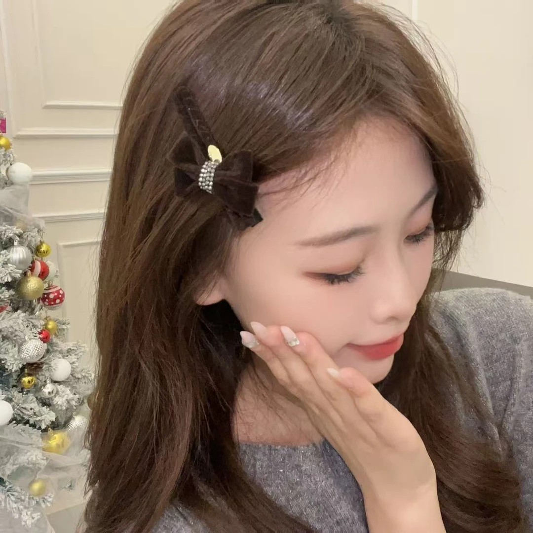 秋冬新款原创深咖色丝绒重工蝴蝶结时尚百搭八公分压夹4462