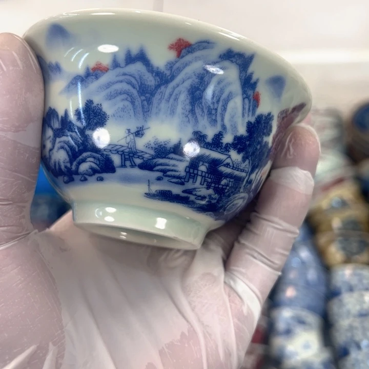 瓷片白青花富春山居图压手杯主人杯全品