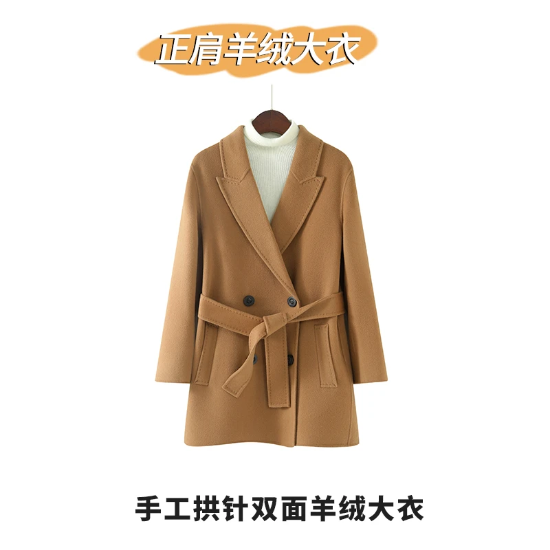 【高档羊绒大衣】正肩戗驳领 双排扣腰带款羊绒大衣 中长款双面外套