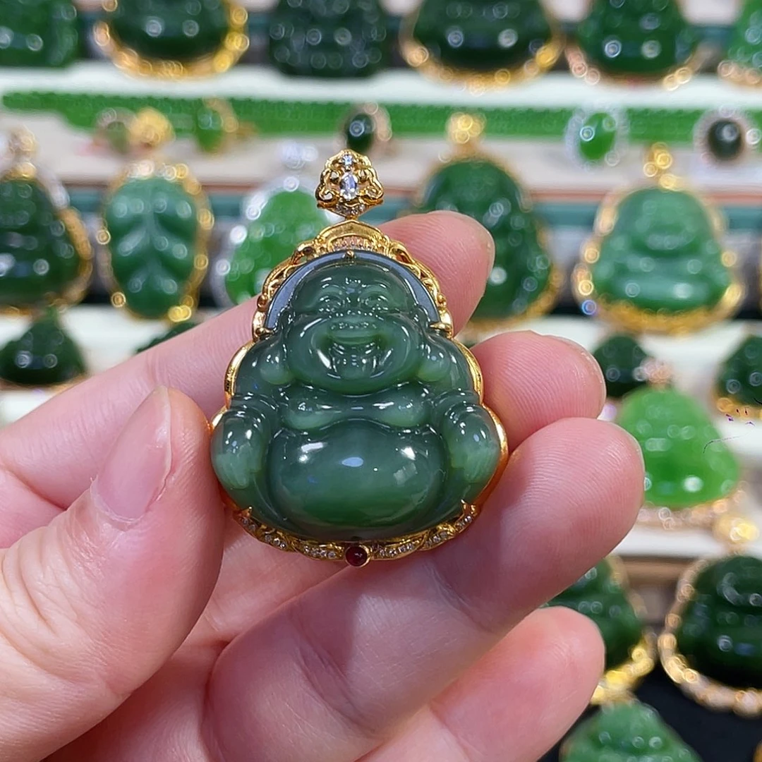 颈饰18K金镶嵌和田玉（碧玉）猫眼佛公30mm