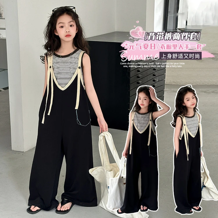 女童俏皮夏季背带裤套装韩系时髦宽松学院风学生夏季新款宽松阔腿