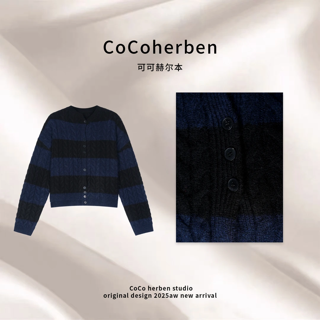 CocoHerben冬蓝色毛针织衫撞色针织衫格纹圆领女毛衣HBA278