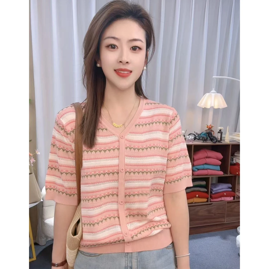 高端2025夏季新款女短袖t恤针织衫遮肚子显瘦上衣