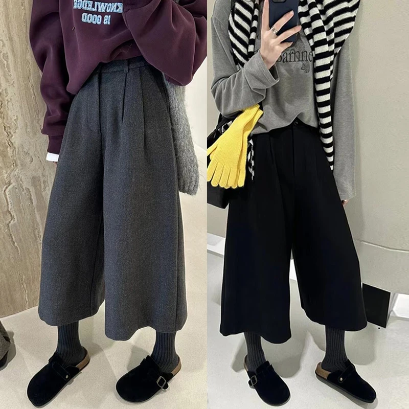 秋季外穿显瘦毛呢七分裤韩版纯色高腰大码宽松百搭八分休闲阔腿裤