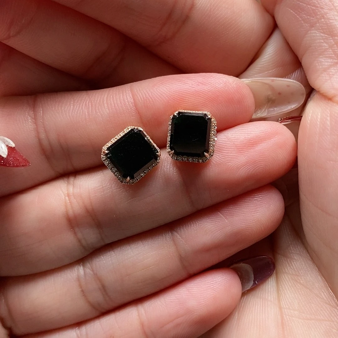 翡翠耳饰18K金镶嵌T**3墨翠