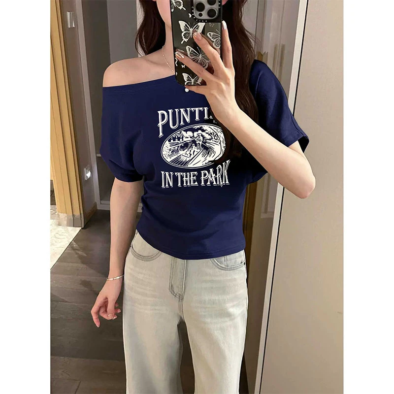 斜肩短袖T恤女2025夏季新款小众美式时尚百搭减龄藏青色体恤上衣