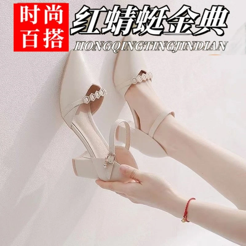 红蜻蜓金典一字式扣带凉鞋女粗跟包头夏新款尖头浅口单鞋高跟鞋女
