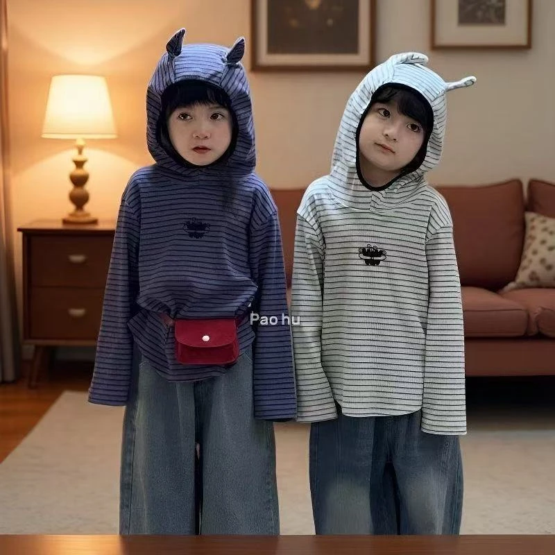 秋季2025儿童公主风新款条纹带帽卫衣男女童时尚爆款宝宝学院风