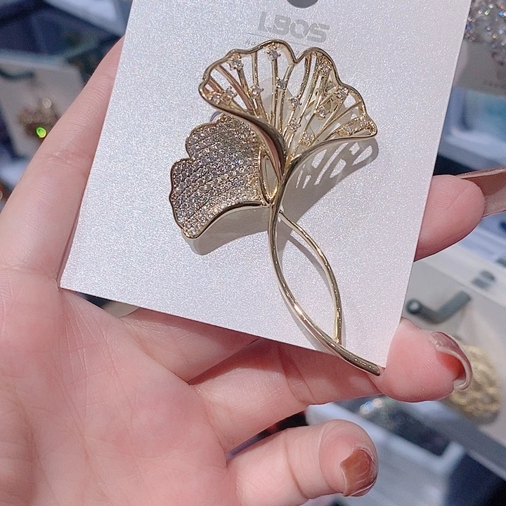 锆石铜合金银杏叶胸针 金色