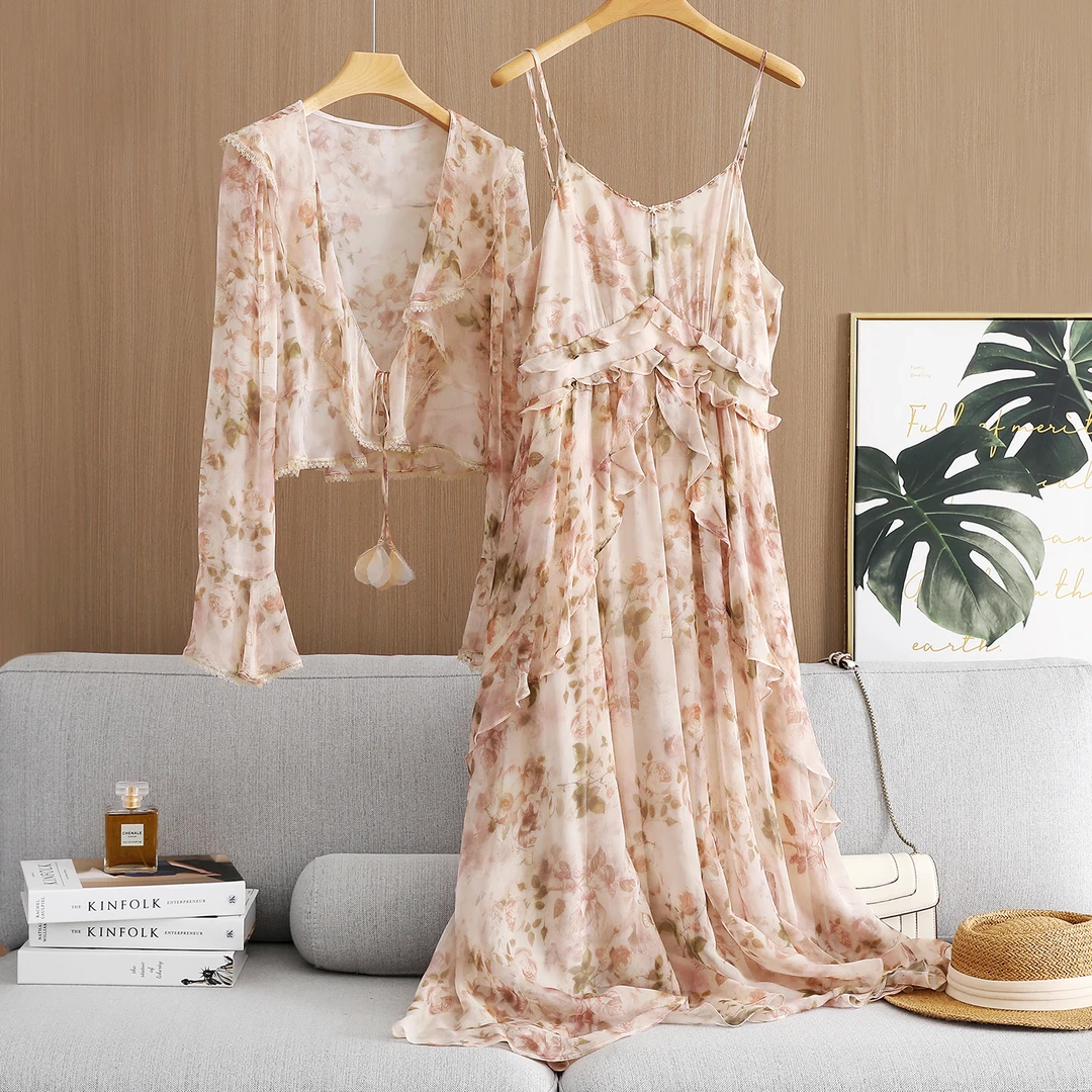 100%桑蚕丝连衣裙长裙裙子女套装显瘦V领五分袖波西米亚真丝裙