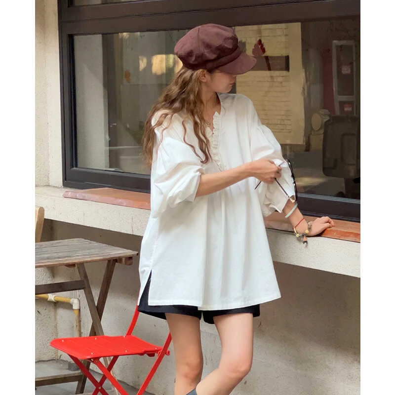 韩girl 瘦女孩韩代早秋松弛感衬衫女木耳边长袖防晒衫