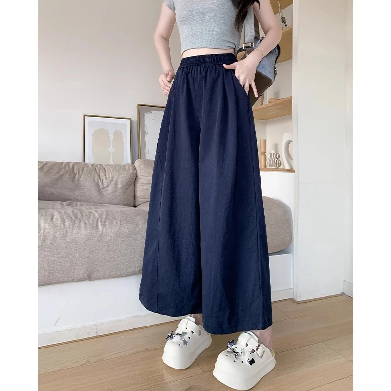 藏青色两穿灯笼裤女2025松紧腰小个子薄款阔腿裤宽松垂感九分裤